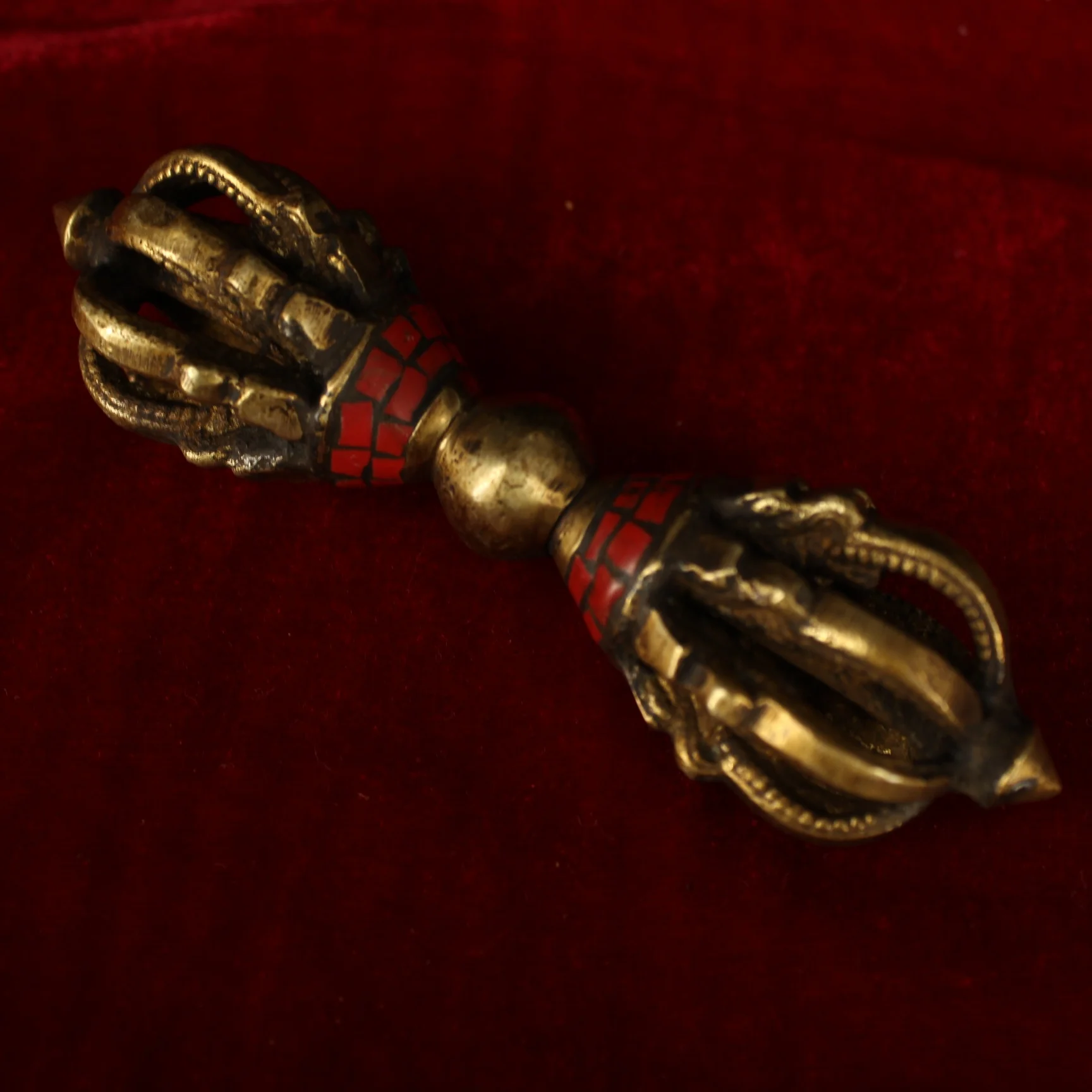 Pure Brass Handmade Nine-Pronged Vajra Ritual Object Inlaid with Gems Tibetan Traditional Craft Old Collection