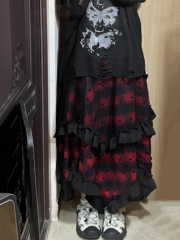 PBAP غير النظامية كشكش المرأة منقوشة تنورة خمر مرونة الخصر توافدوا القوس مكشكش الدانتيل غرزة تنورة طويلة الشرير Alt القوطية وتتسابق #5