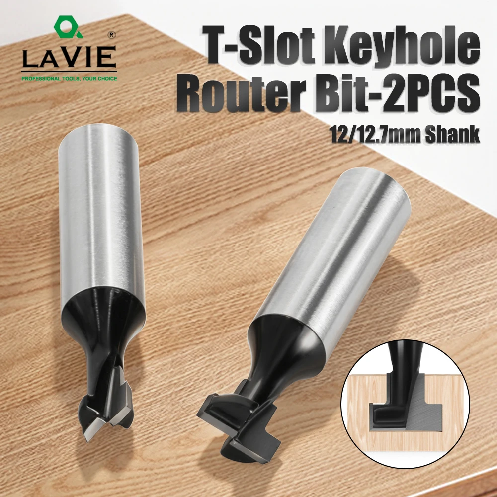 LAVIE 2PCS 3PCS Keyhole T-Slot Router Bit Set 12mm Shank 1/2 3/8 5/16 Inch Black Coated For Wood C12142T