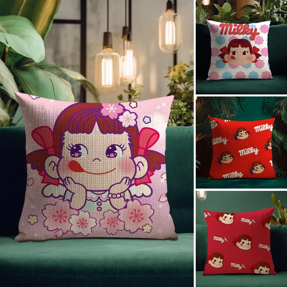 Cute F-Fujiya Peko-chan Cushion Cover Natural Linen Pillow Case Double-Sided Print Decorative Sofa Pillowcase Home Decor Gift
