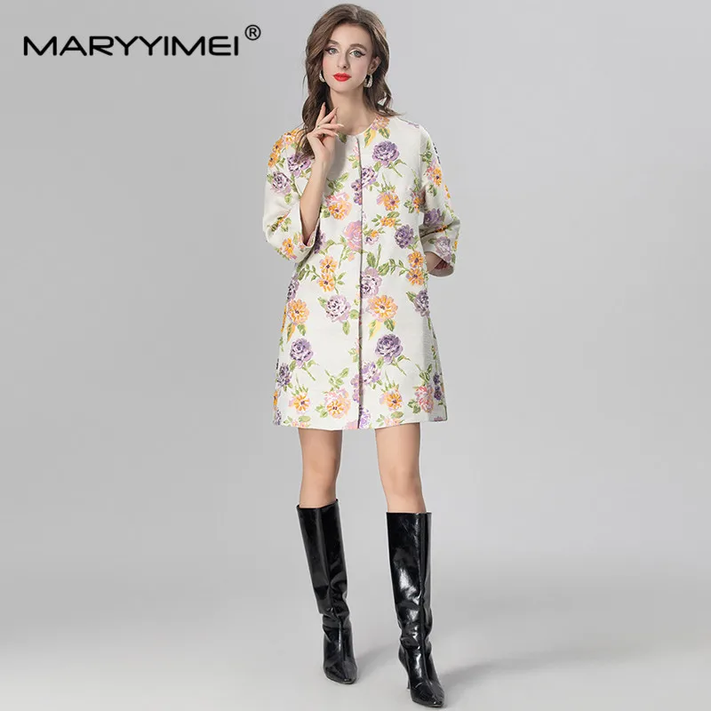 MARYYIMEI Romantic Daily Basic Vacation Style Women's Coat Three Quarter Sleeve Single-Breasted Beading Flower patterns Overcoat