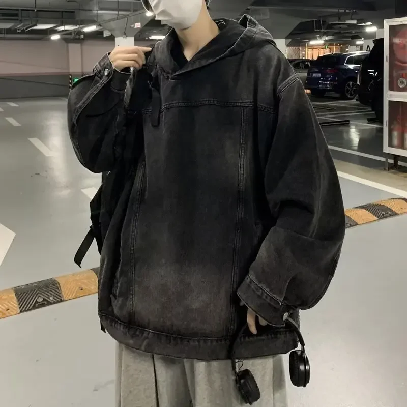 American Vintage Washed Black Denim Hoodie Men's Korean Fashion High Street Oversize Loose Hooded Coat Jacket Y2k Men Clothing