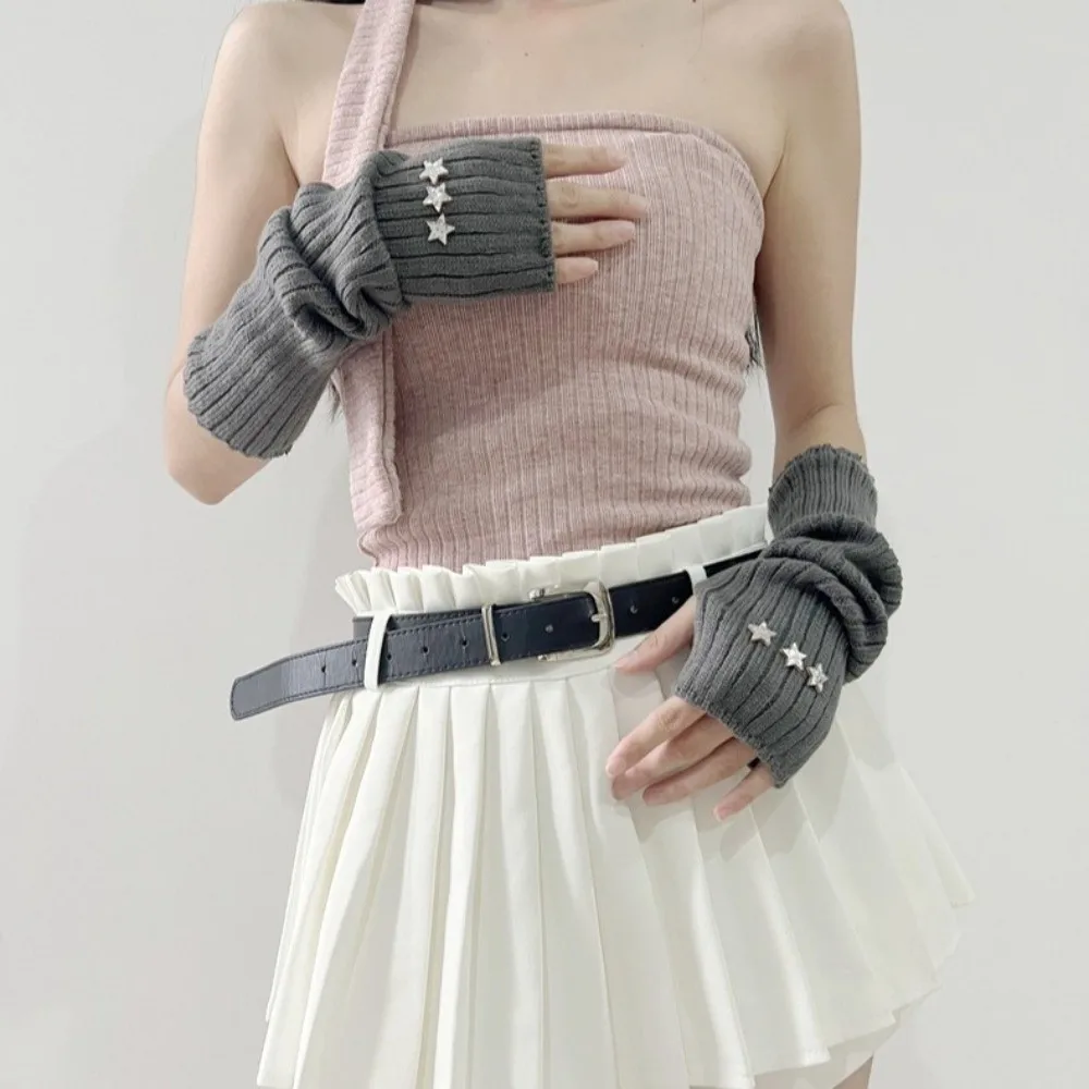 Fashion Long Arm Warmer Gloves Knitted with Pentagram Patch Warm Arm Sleeve Cold Proof Fingerless Gloves Autumn Winter