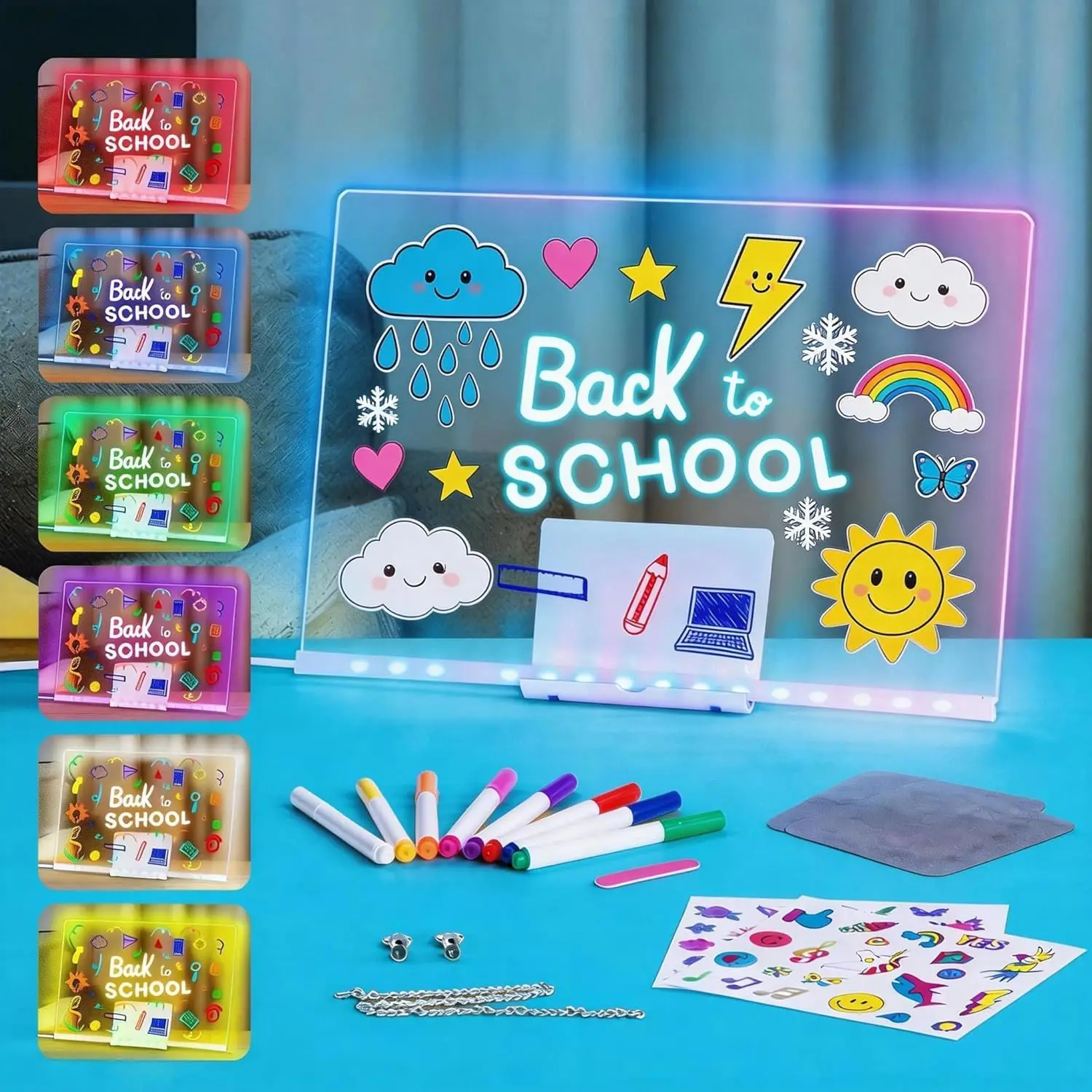 

LED Drawing Board, 14'' Acrylic Note Board with Colors, Light Up Writing Pad 4 Modes & 7 Colors, 8 Markers, Stand, Hanging