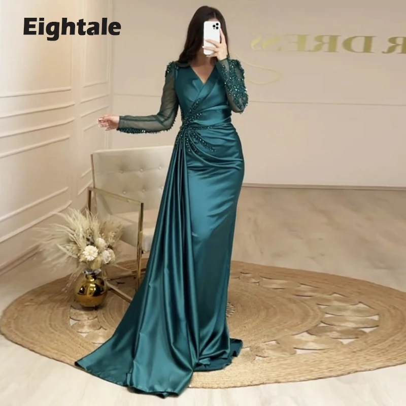 Eightale Dark Green Evening Dress for Wedding Party Satin Beaded V-Neck Long Sleeves Vintage Mermaid Prom Gowns Customized Dress