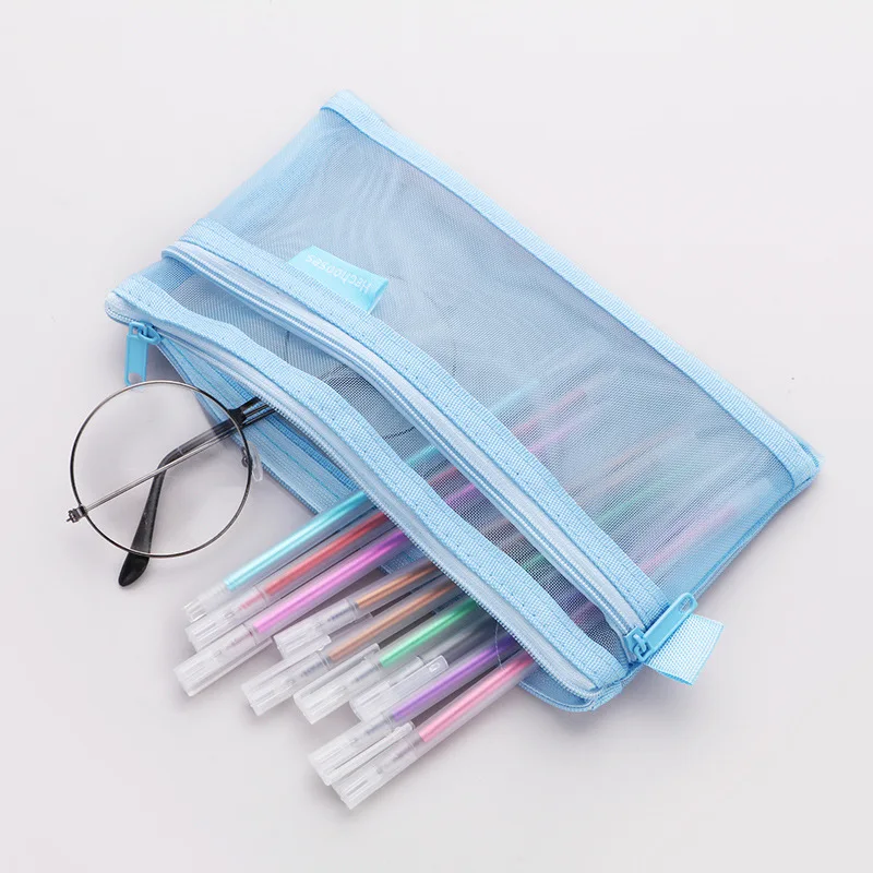 Simple Transparent Double Mesh Bag Pencil Case Office Student Pencil Cases Nylon Kalem Kutusu School Supplies Pen Box