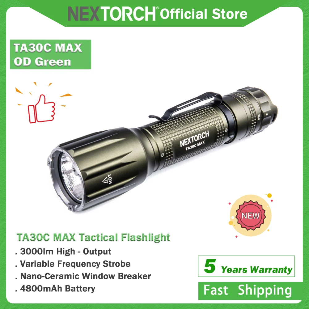 NEXTORCH TA30C MAX Green 3000 lumens high brightness Rechargeable flashlight 30w high power tactical flashlight, One-Step-Strobe