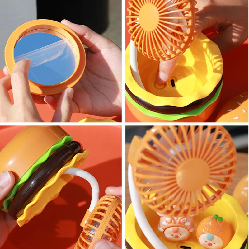 

Electric Hand Fan Mini Fan Portable Rechargeable Hamburger Shape Small Cooling Ventilador Fans Foldable With Makeup Mirrors 3in1