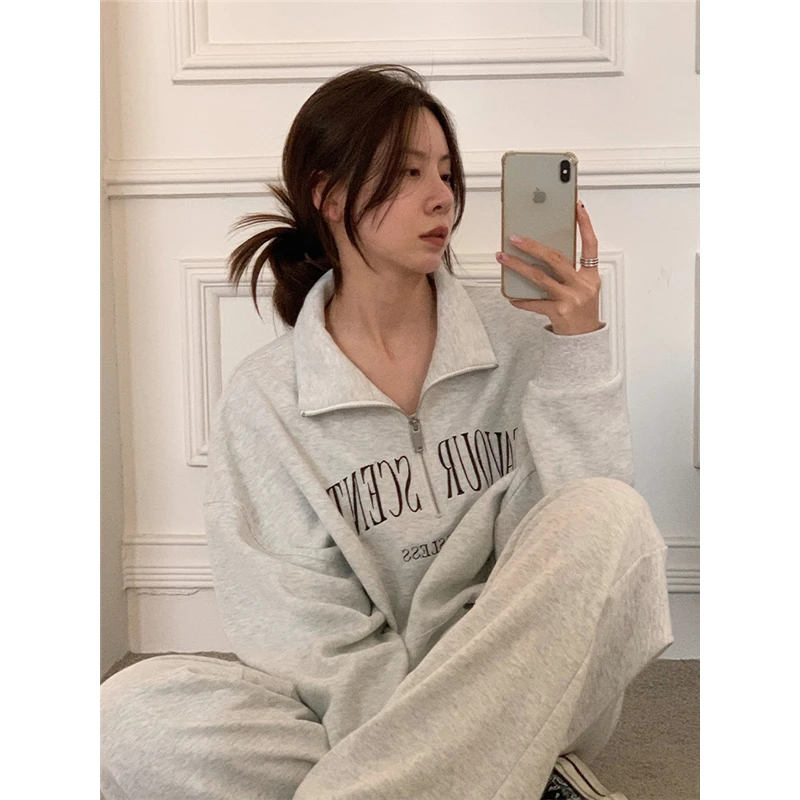 Womens Grey Hoodie Sweatshirt Long Sleeve Korean Fashion Baggy American Style Letter Printing Casual Female Tops Pullover Hoodie