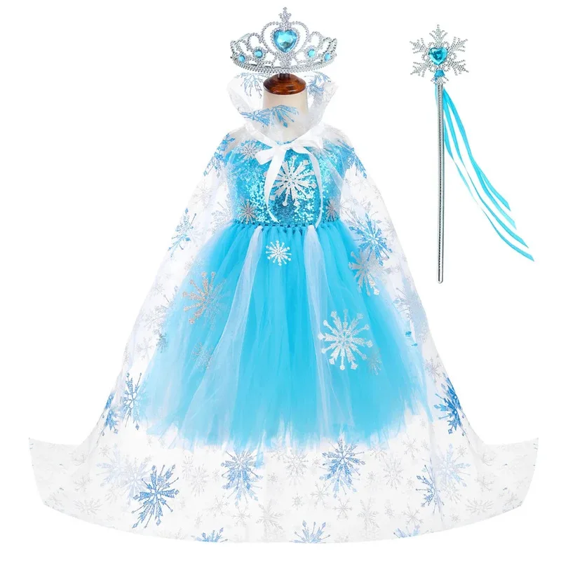 

Skyblue Sequins Elsa Princess Dress Up Costume for Girls Snow Queen Ballet Tutus with Cloak Crown Kids Christmas New Year Outfit