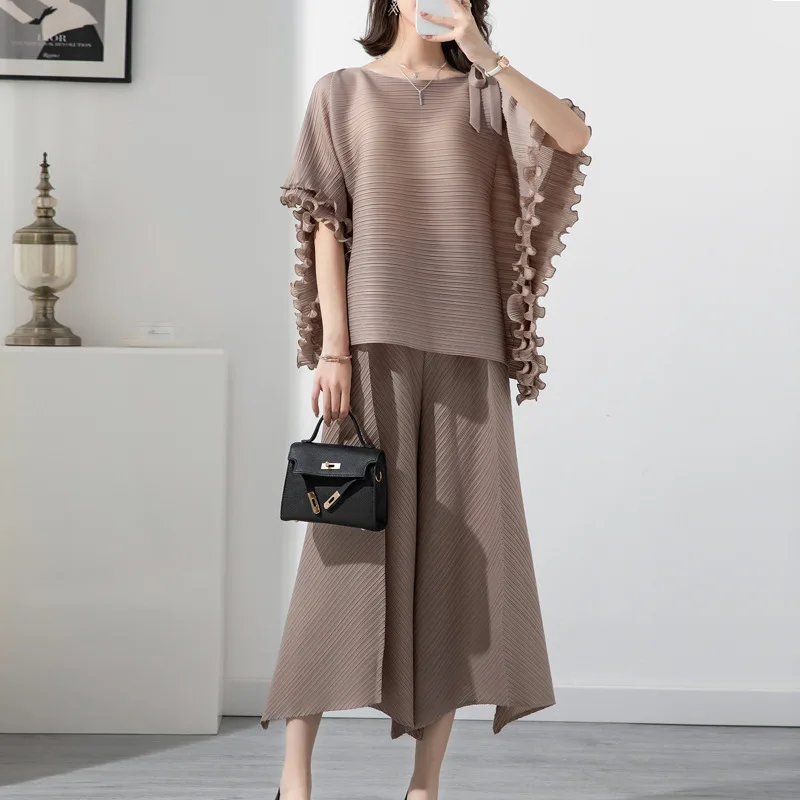 Miyake Pleated Fashion Sets for Women 2023 Summer Solid Color Ruffled Sleeves Loose Shirt Top with Wide-Leg Pants Two Pieces Set