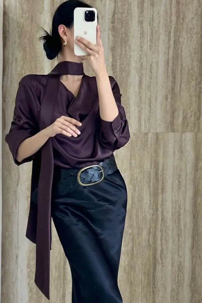 

French Style Elegant Satin Cowl Neck Long Sleeve Blouse for Women Chic Halter Neck Design Tie Detail Fashion Top for Ladies