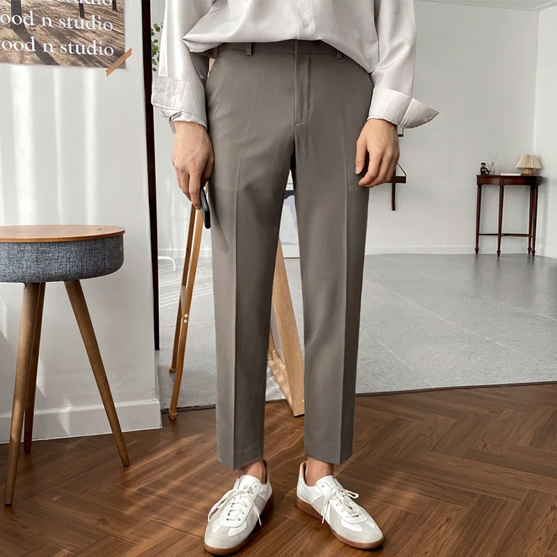 Korean Slim Fit Cropped Suit Pants Mens Fashion Simple Jogging Social Solid Color Trousers Male Harajuku Casual Straight Pants