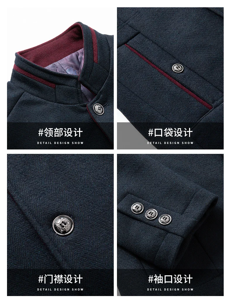 Winter Jackets for Men Business Causal Woolen Coat Classic Stand Collar Solid Wool Blends Coat Simple Middle-aged Mens Clothing