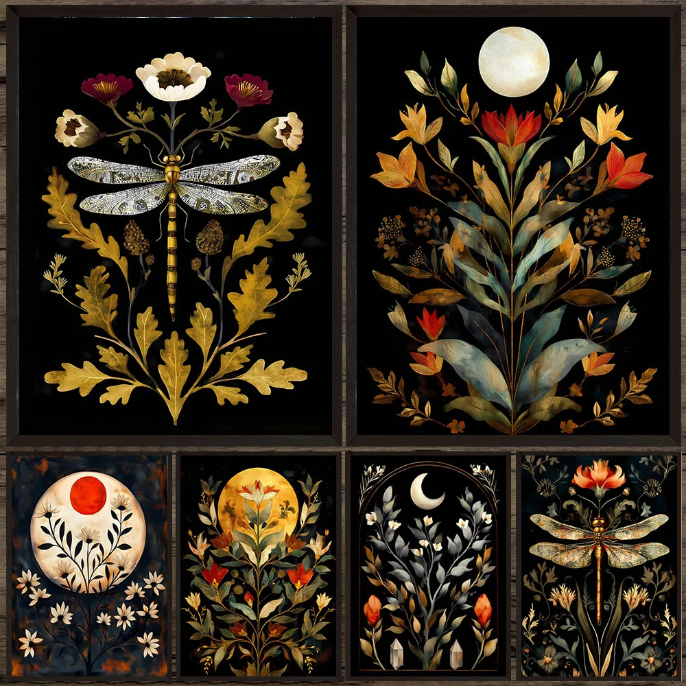 

Bohemian Floral Celestial Wall Art Canvas Painting,Golden Moon Floral & Crescent Moon Wildflower Art Poster And Print Home Decor