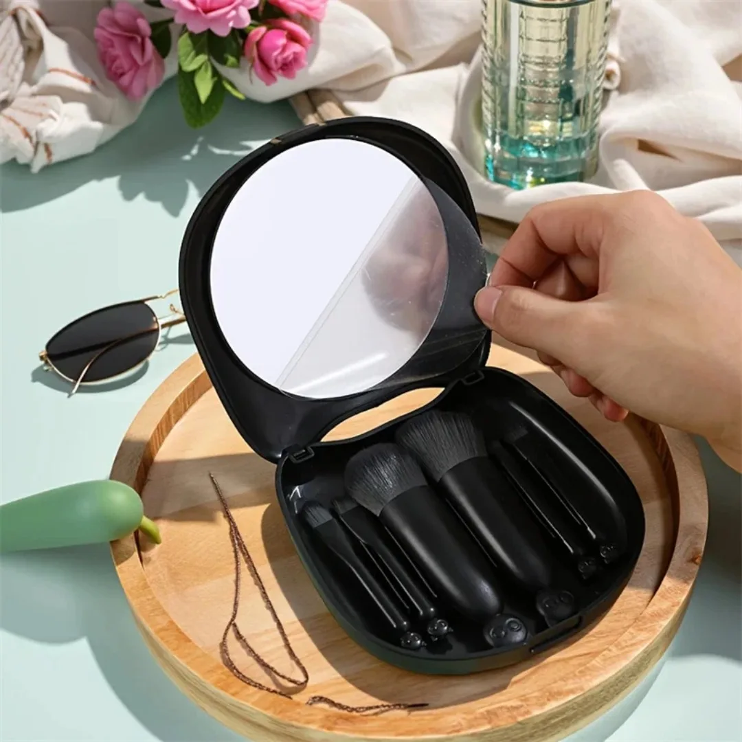 6 pçs mini pincéis de maquiagem de viagem conjunto com espelho caixa de armazenamento de gato conjunto de pincéis de maquiagem de viagem cosméticos pó blush mistura escovas