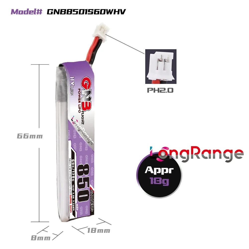 GAONENG GNB 850mAh HV 1S 60C 120C 3.8V Cabled PH2.0 LiPo Battery Yinywhoop Tiny7 PowerWhoop Cockroach Quadcopter