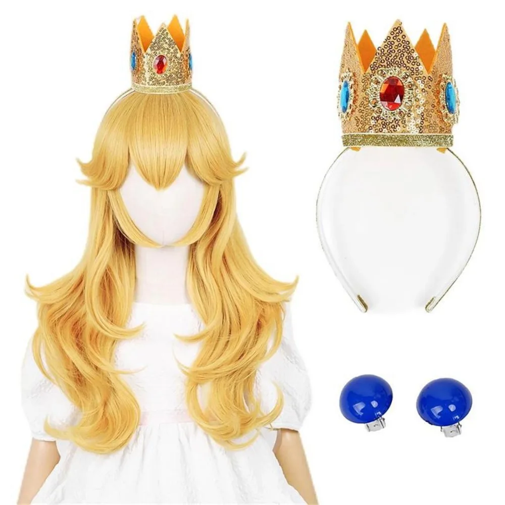 

Princess Peach Cosplay Wig Layered Wavy Long Hair with Crown Anime Party Costume Wig