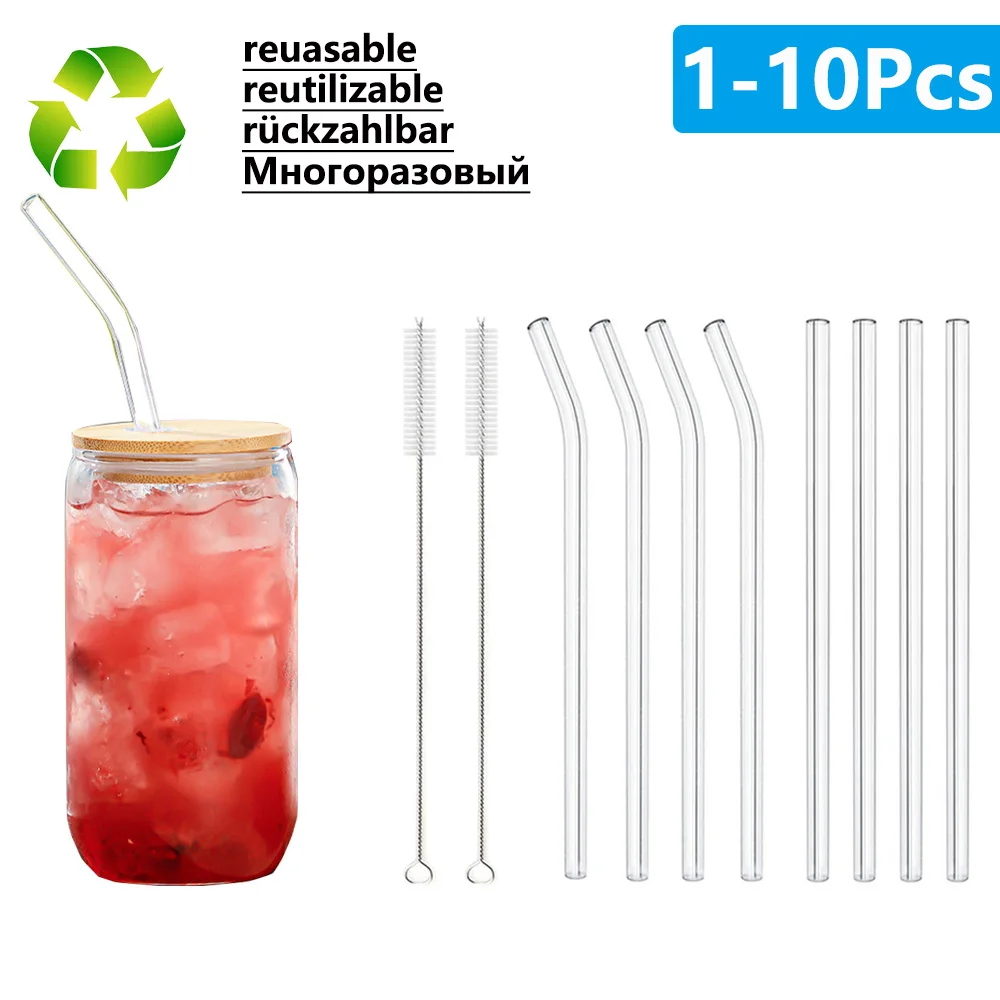 1/2/4/8/10Pcs Reusable Drinking Straw Glass Straws High Borosilicate Glass Straw Eco-friendly Glass Tube Party Bar Drinkware