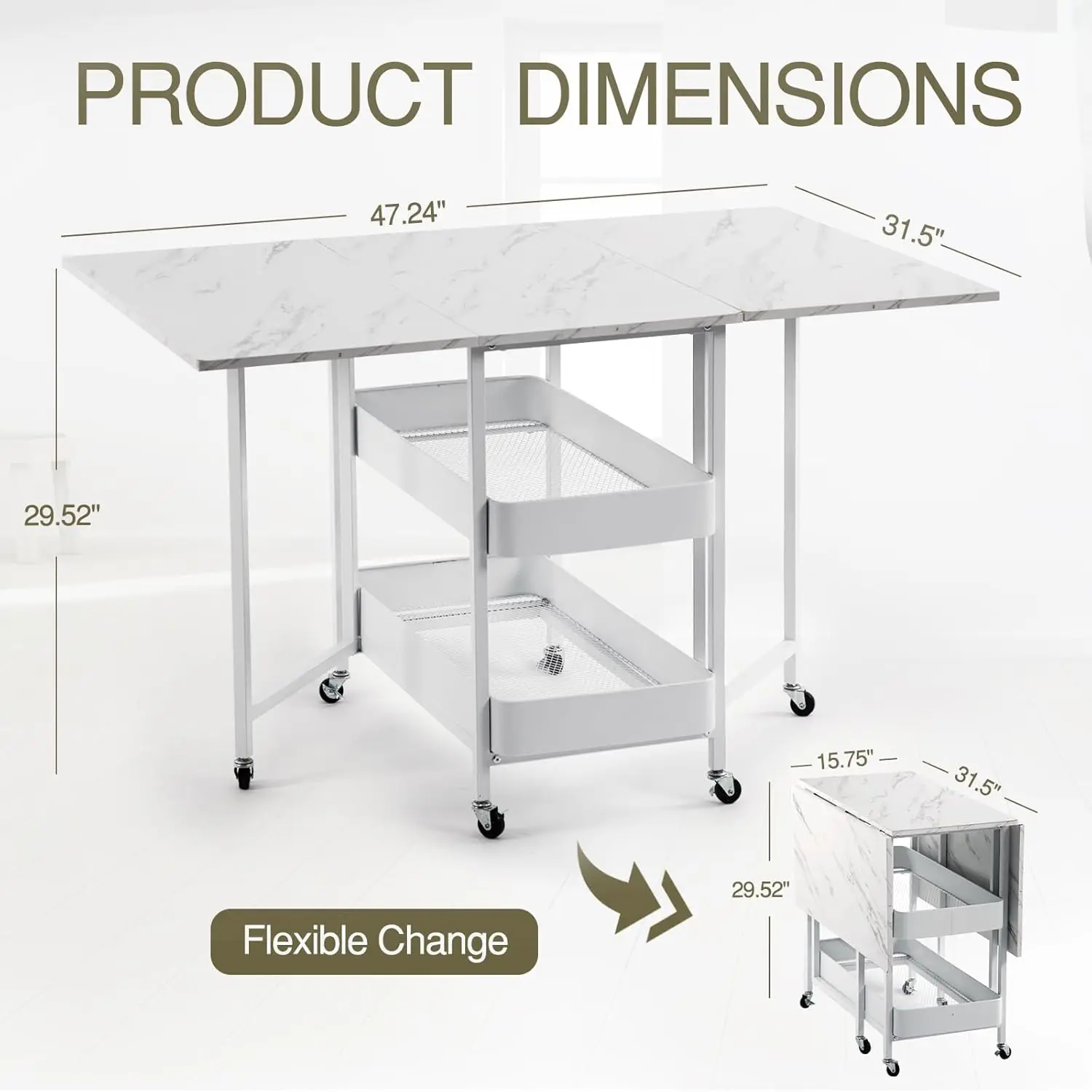 Foldable kitchen dining table, expandable multifunctional dining table, space saving 6-wheel multi-purpose dining table