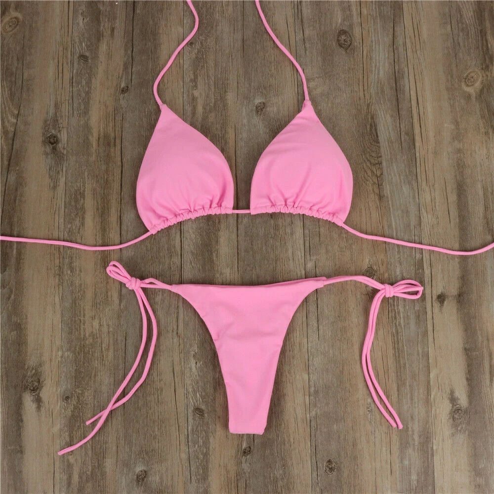 Pink Swimsuit Bikini Women Solid Color Sexy High Leg Thong Swimwear Bikinis Halter Neck Strap Female Bathing Suit Beachwear