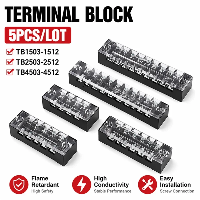 5Pcs TB1503 TB2503 TB4512 Dual Row Screw Terminal Block Barrier Strip 15A 25A 45A with Transparent Protective Cover