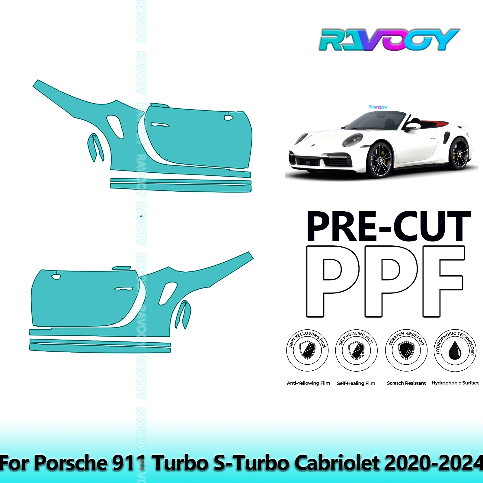

For Porsche 911 Turbo S-Turbo Cabriolet 2020-2024 8.5mil Pre-Cut PPF Door & A/B Pillar Kit TPU Paint Protection Film Set