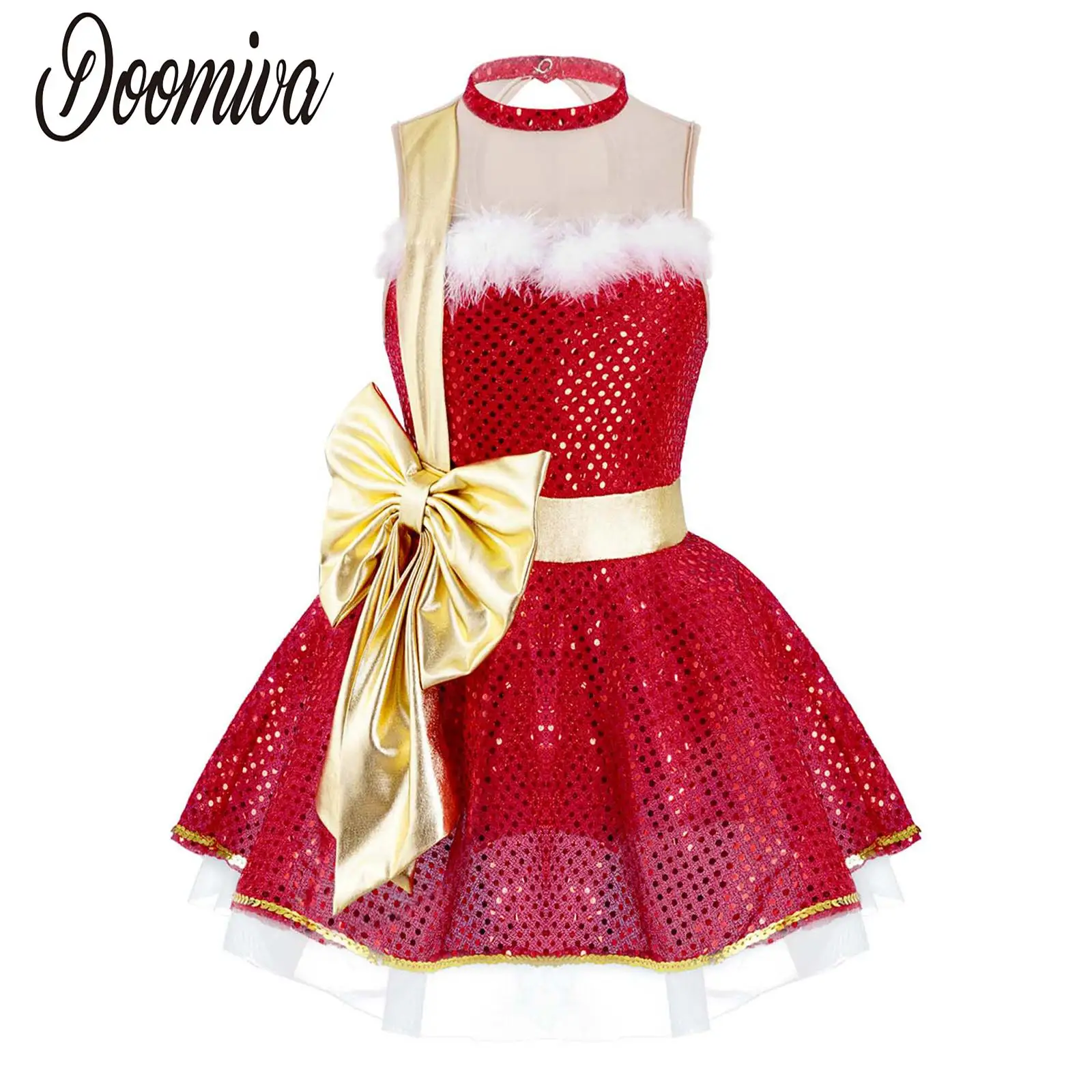 

Girls Christmas Miss Santa Claus Dance Costumes Shiny Sequins Leotards Tutu Dresses Ballet Dance Figure Ice Skating Dress