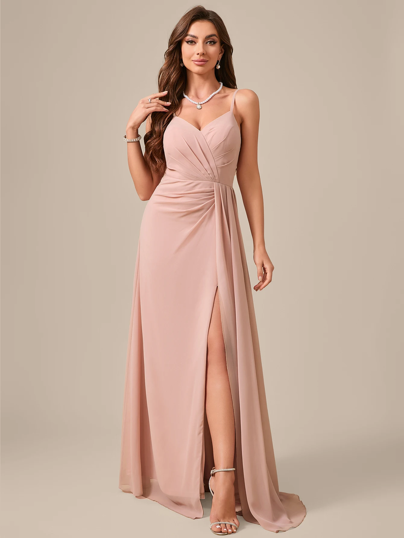 Sukienka druhny bez rękawów z wysokim rozcięciem z szyfonu, elegancka długa suknia dla kobiet na wesele, przyjęcie weselne, moda damska.