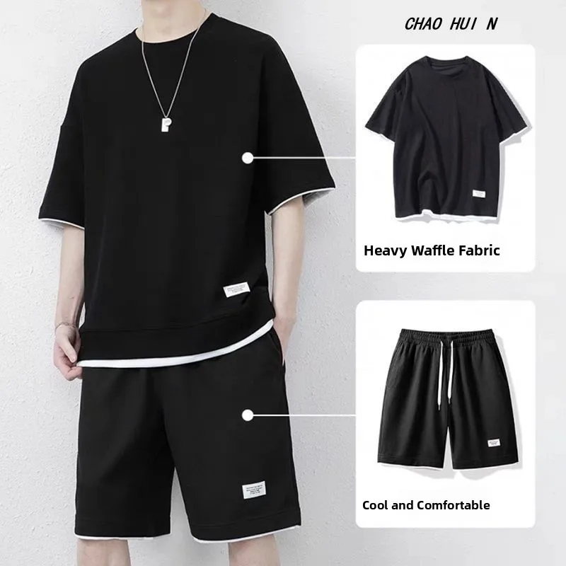 

Men's Summer Ice Silk Short Sleeve Sportswear Set Short Pants Five-Quarter Length Casual Comfortable Breathable Youth Fashion