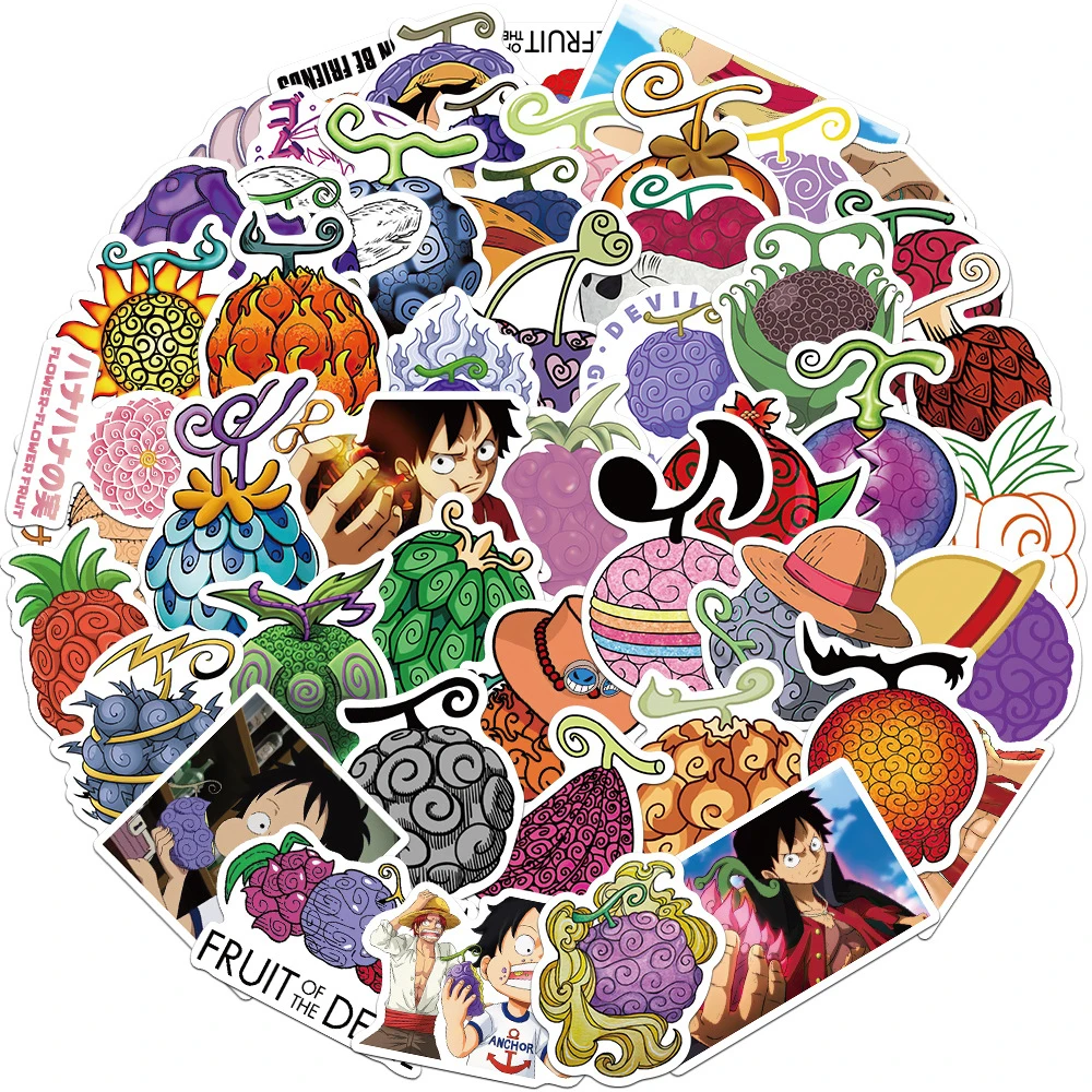 10/30/50pcs Anime One Piece Devil Fruit Stickers Cool Cartoon Decal Luggage Laptop Stationery Luffy Rubber Fruit Sticker Kid Toy