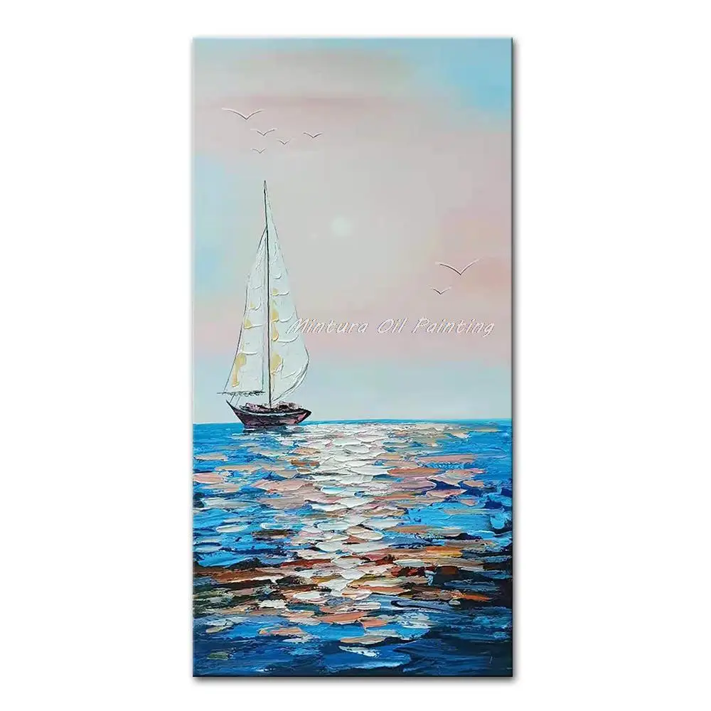 Mintura Wall Picture for Living Room Oil Painting on Canvas,Hand-Painted A Sailing Ship on The Sea,Home Decor Wall Art, No Frame