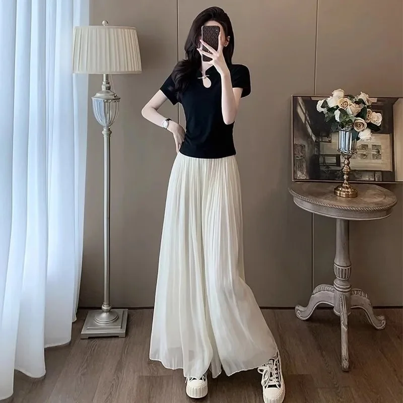 

Korean Women Thin Wide Leg Skirt Summer Female Leisure High Waist Wide Leg Pants 2025 Ladies Fashion Loose Ice Silk Pants Skirt