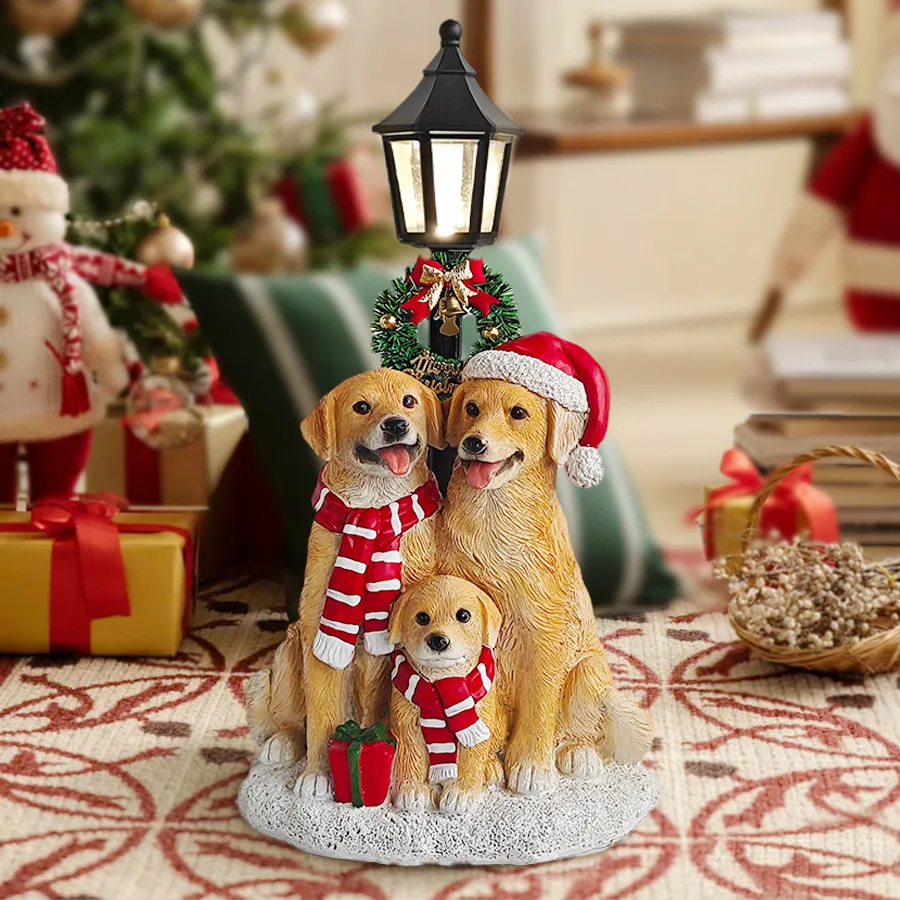 

Golden Retriever Family Figurine Lamp Post for Patio Courtyard Decorations Christmas Statue Birthday Home Living Room Gifts