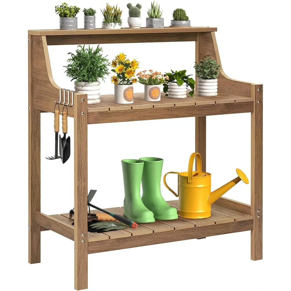 All-Weather Teak Potting Bench with 4 Hooks, Large Outdoor Garden Work Station, Durable and Rust-Free