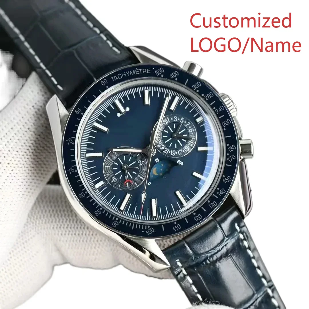 Роскошные автоматические механические часы MoonPhase из нержавеющей стали, черный, синий, керамический безель, сапфировое стекло, 42 мм по индивидуальному заказу