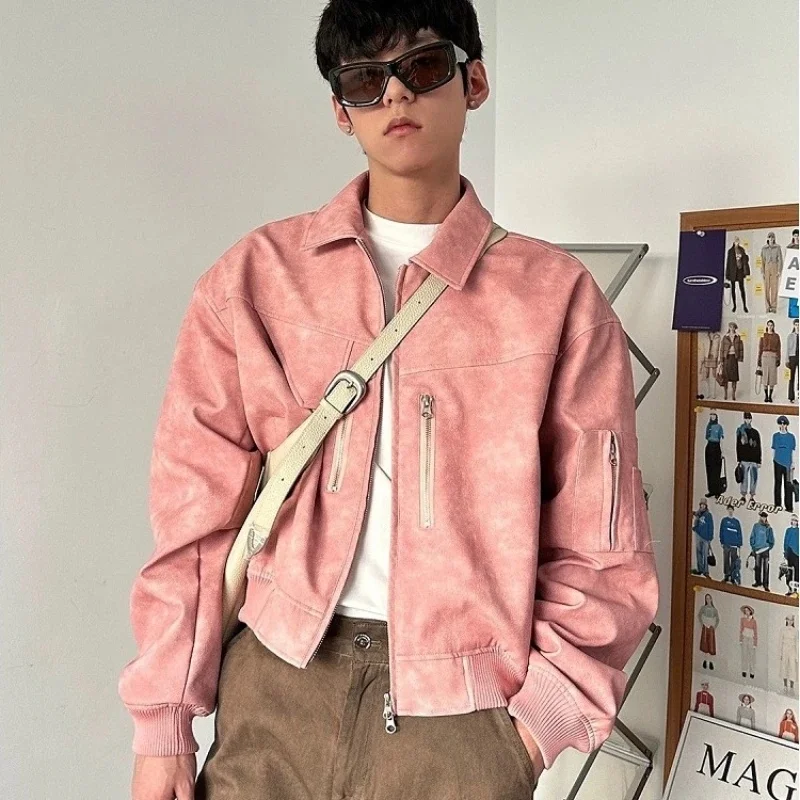B&C Spring Pink Mens Cropped PU Leather Jacket Fashion Turn-down Collar Gradient Retro Coat Zipper Men's Motorcycle Outwear