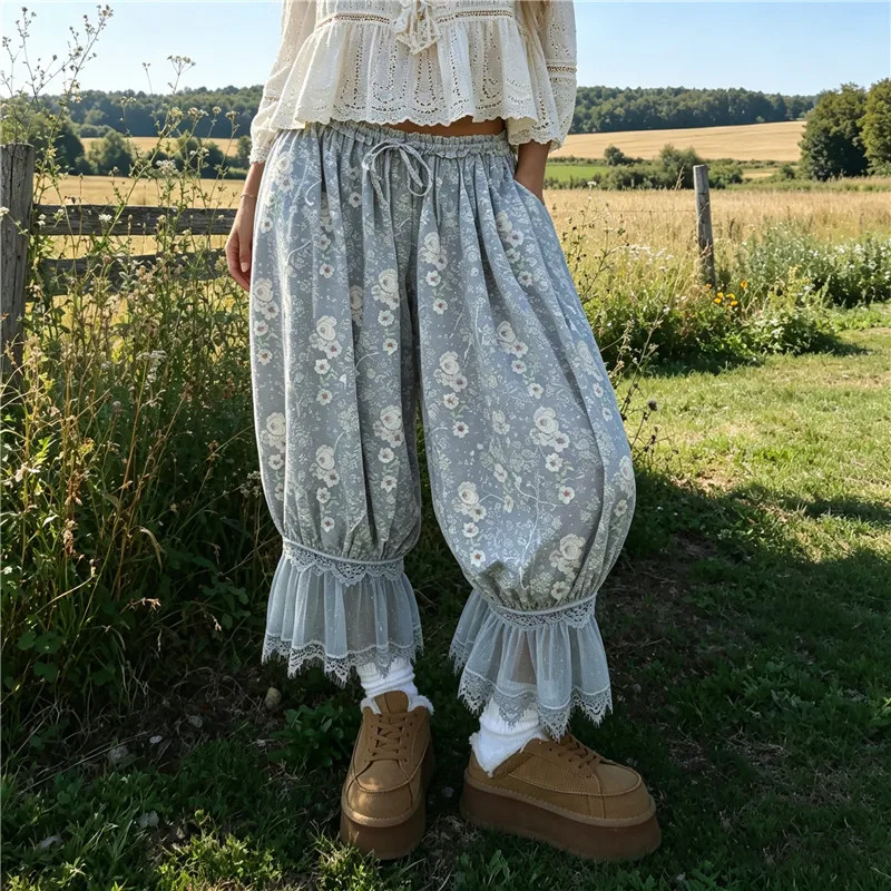 Lace Fringe Cuff Drawstring High Waist Loose Cropped Trousers Retro Cottagecore Floral Lantern Capri Pants Y2K Aesthetic Bottoms