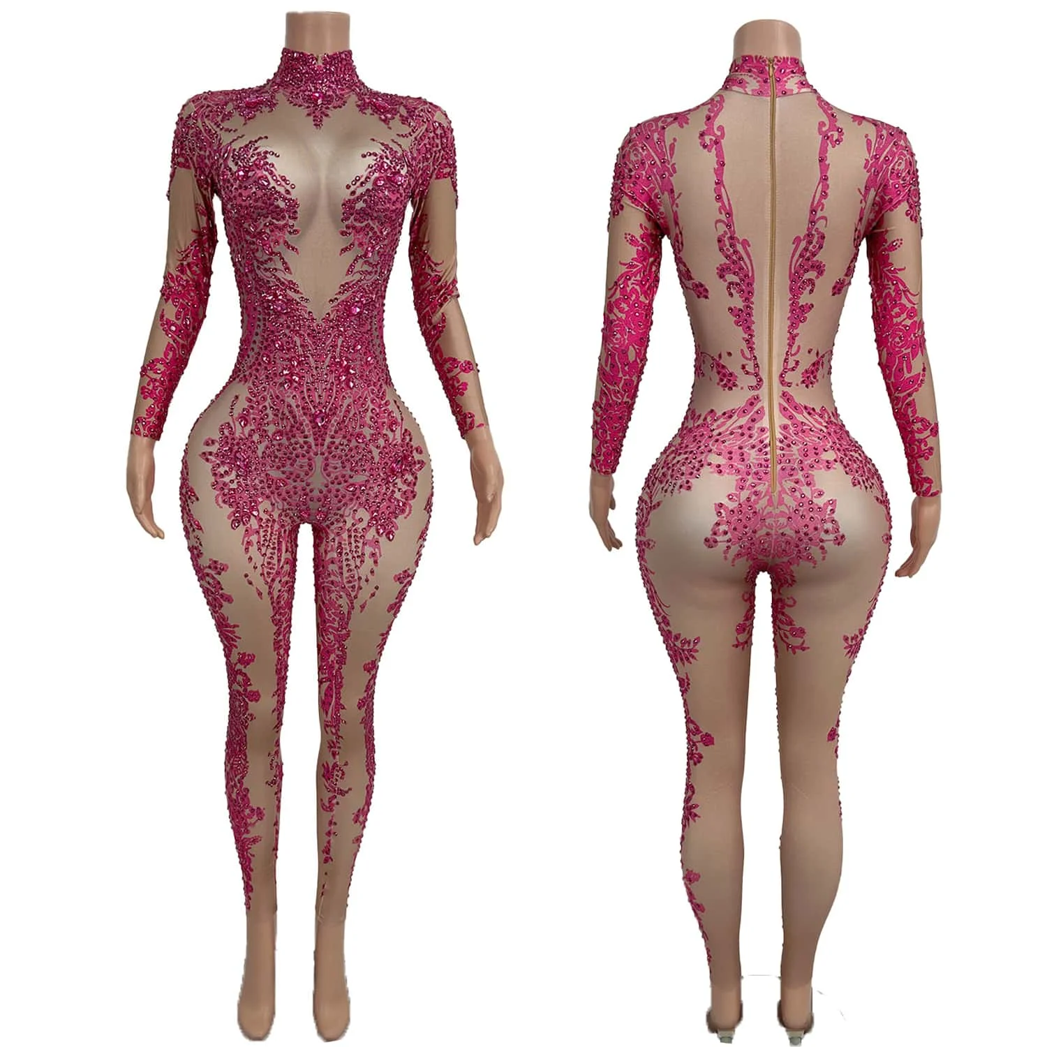 Sexy Glitter Diamond Elastic Pink Jumpsuit Female Dance Performance Costume Nightclub Stage Rompers Nightclub Outfit Xiaotaohong