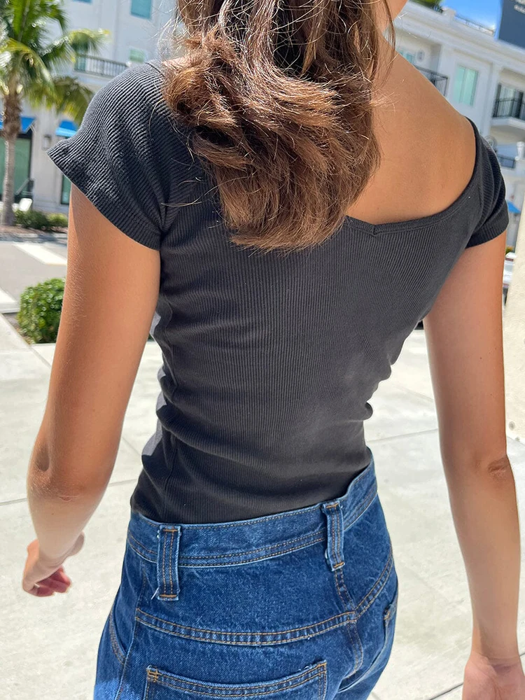 Vintage Ribbed V Neck Slim Crop Top Women Summer Black Cotton Short Sleeve T Shirt Female Solid Simple Basic Casual Tees Y2k
