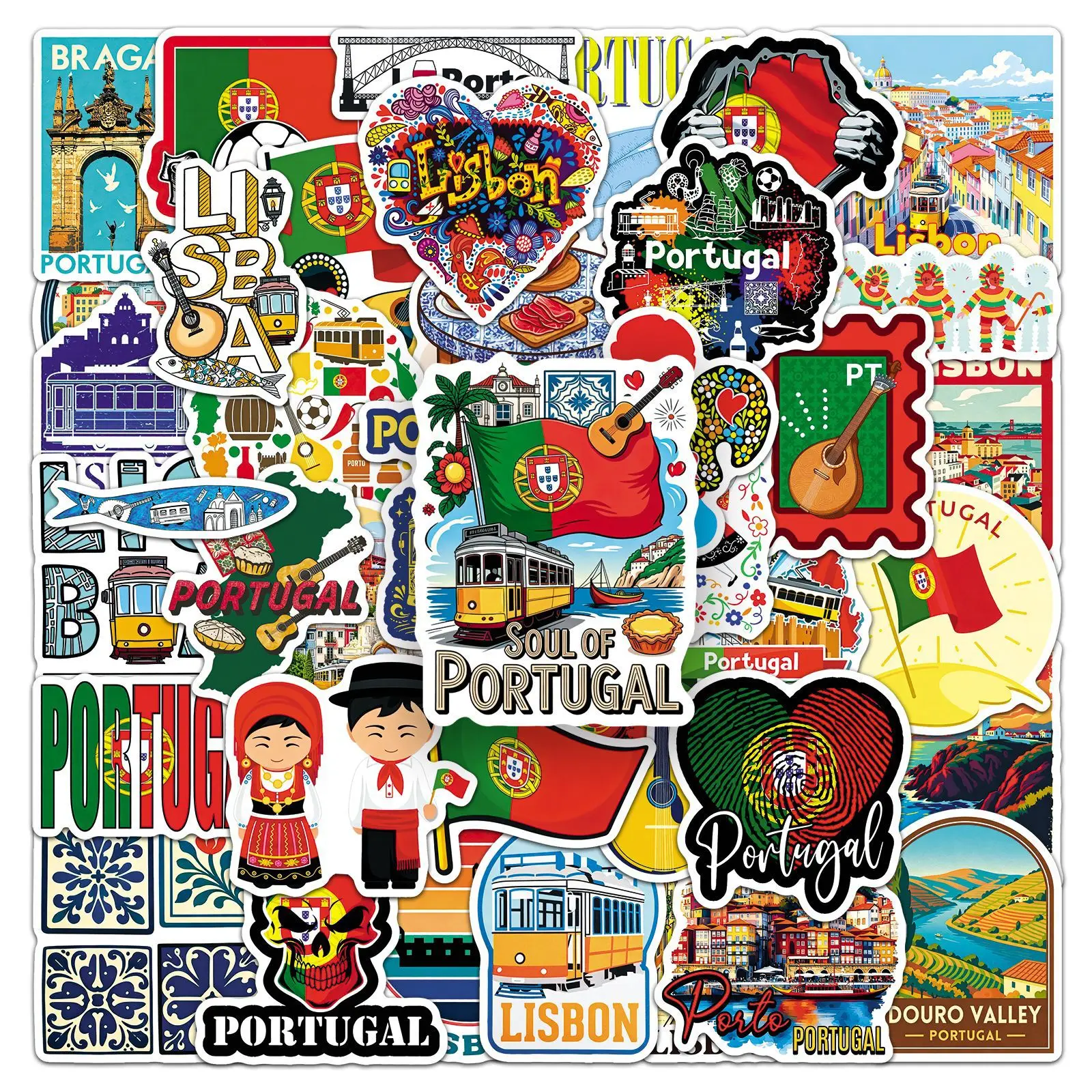 50PCS Portugal Travel Stickers Lisbon Porto City Landscape Flag Waterproof Decor Stickers DIY for Laptop Water Bottle Luggage