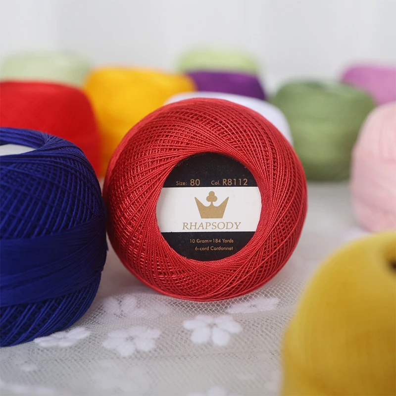 Rhapsody Premium Quality Size 80 Egyptian Cotton Crochet Tatting, Knitting Thread Lace 10G/PC 184 Yards Spring Macaron 22 Colors