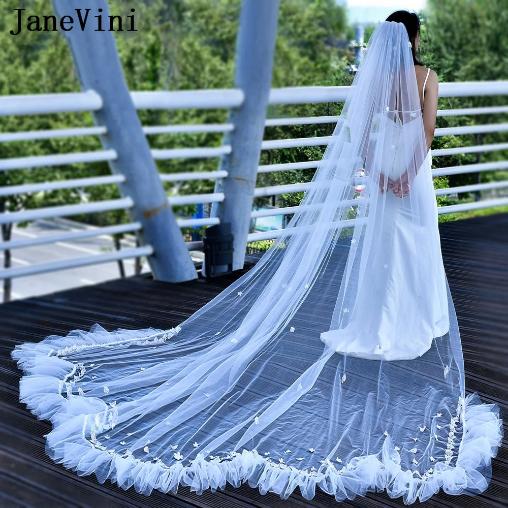 JaneVini Elegant Lace Flowers Bride Veil for Bachelorette Party Cathedral Long with Comb One Layer Bridal Wedding Veils Church