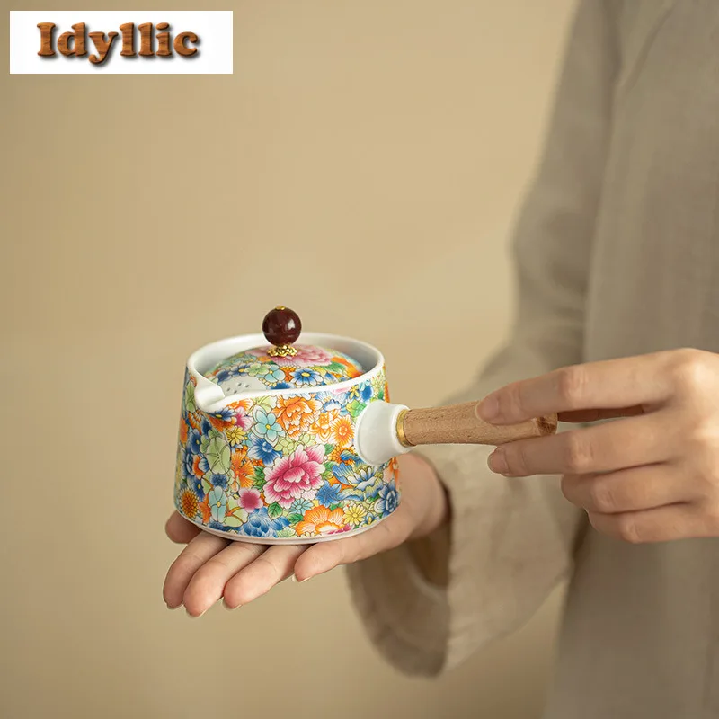 

200ml Enamel Color Blossoms Side Handle Teapot Aesthetic Tea Infuser Pot Tea Soaking Kettle With Strainer Teaware Collection