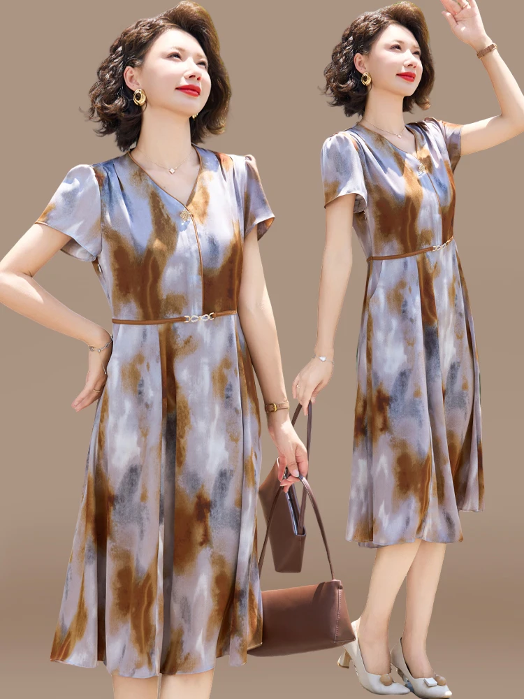 

Летнее шифоновое платье Ele Mom с V-образным вырезом, длинное, стройнящее, для женщин среднего возраста, модное, миди