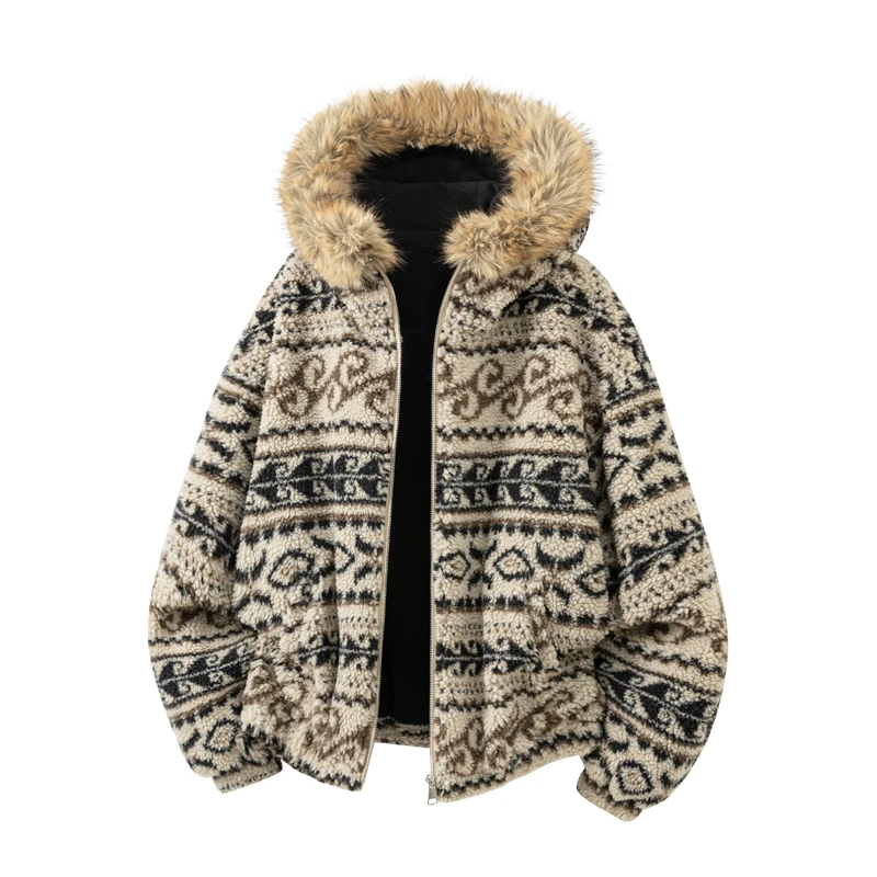 

Unisex Camouflage Fleece-Lined Jacket with Sheep Fur Collar and Winter Warm Coat Fashion Fleece Lined Fel Island Cotton Jacke