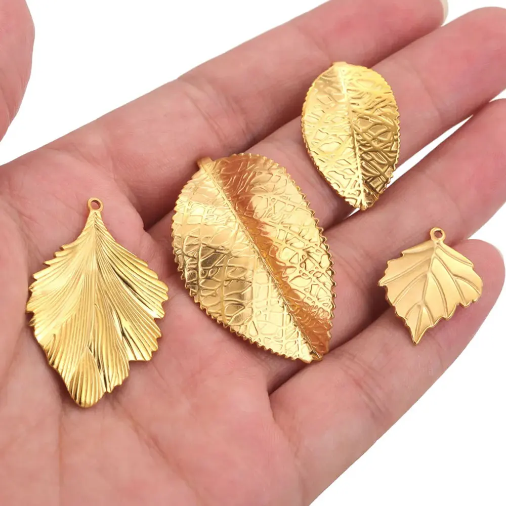 5pcs Stainless Steel Leaf Gold Plated Pendant Connectors for DIY Bracelet Necklace Craft Parts Jewelry Making Supplies Wholesale