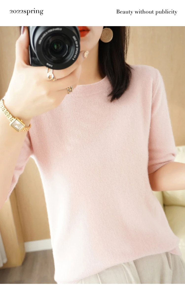 Spring 2022 New Women's O-Neck Short-Sleeved Exquisite Cashmere Sweater Pullover