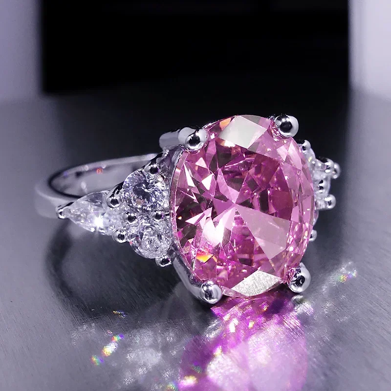 Big Oval Stone Pink Zircon Ring Female Luxury Crystal Engagement Rings For Women Vintage Rose Gold Silver Color Wedding Jewelry image 2