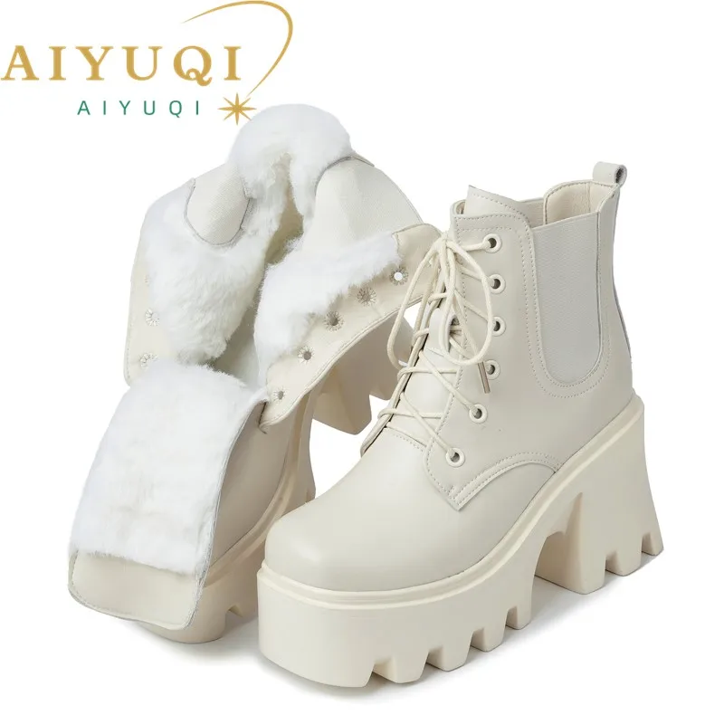 AIYUQI Women's Winter Boots High Heel 2024 New Platform Women's Ankle Boots Fashion Natural Wool Warm Women's Booties